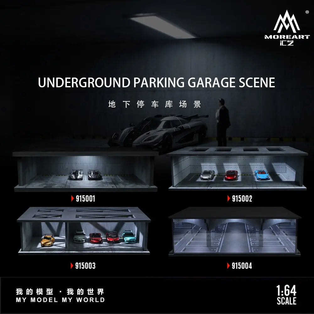 Diorama 1/64 Scale Car Garage Model LED Lighting City Street Underground Parking Lot Workshop Scene Display Model Collection Gift Toy