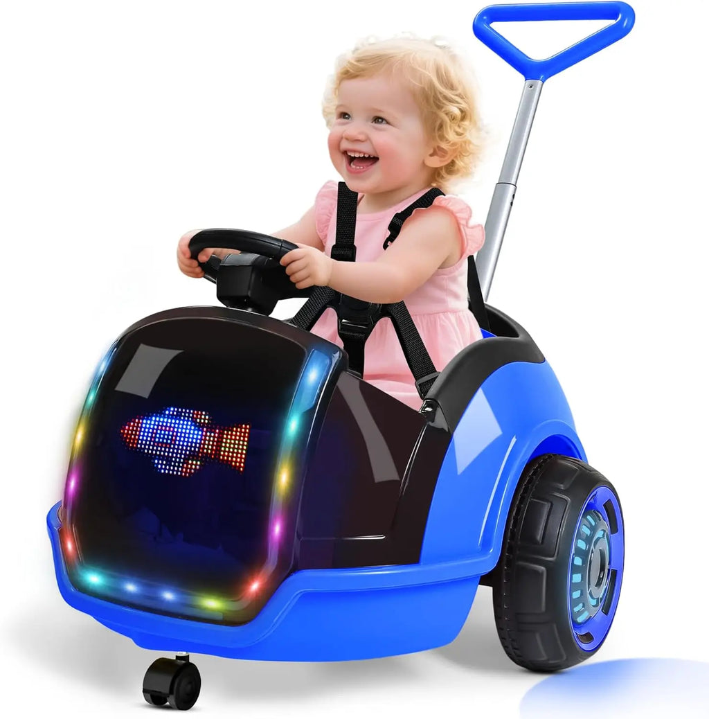 ANPABO 3-In-1 Electric Push Ride on Car, 12V Kids Ride on Toy W/Remote Control, 360° Spin, 5-Point Safety Belt, Colorful LED Light, Music Player, Push Car for Toddler