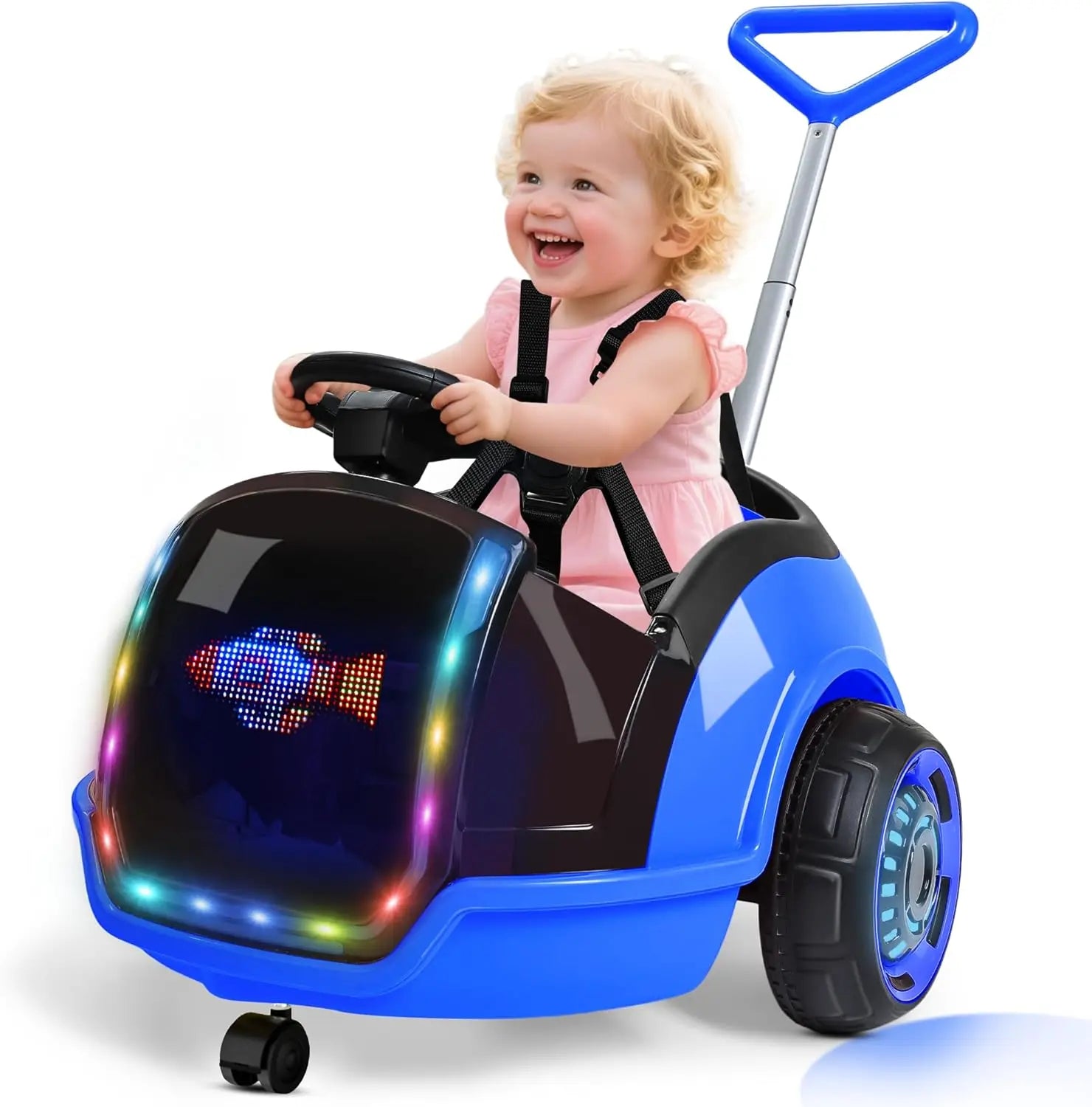 ANPABO 3-In-1 Electric Push Ride on Car, 12V Kids Ride on Toy W/Remote Control, 360° Spin, 5-Point Safety Belt, Colorful LED Light, Music Player, Push Car for Toddler
