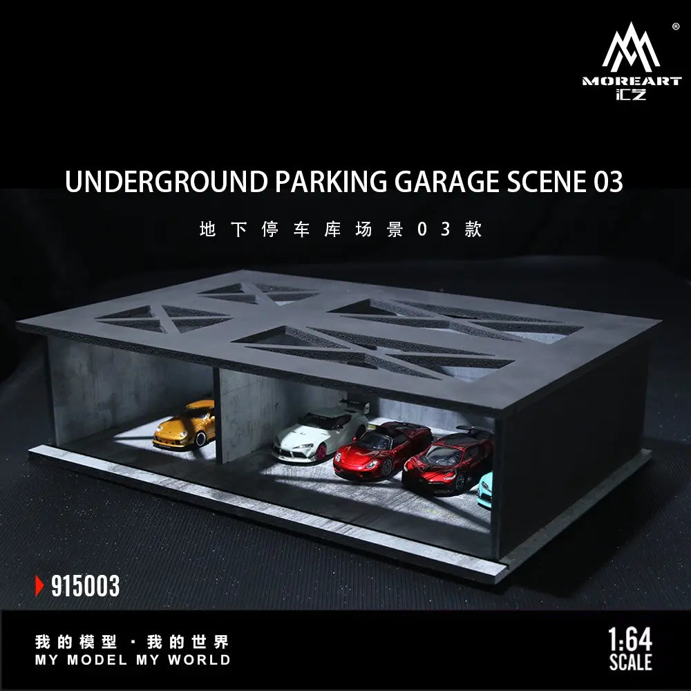 Diorama 1/64 Scale Car Garage Model LED Lighting City Street Underground Parking Lot Workshop Scene Display Model Collection Gift Toy