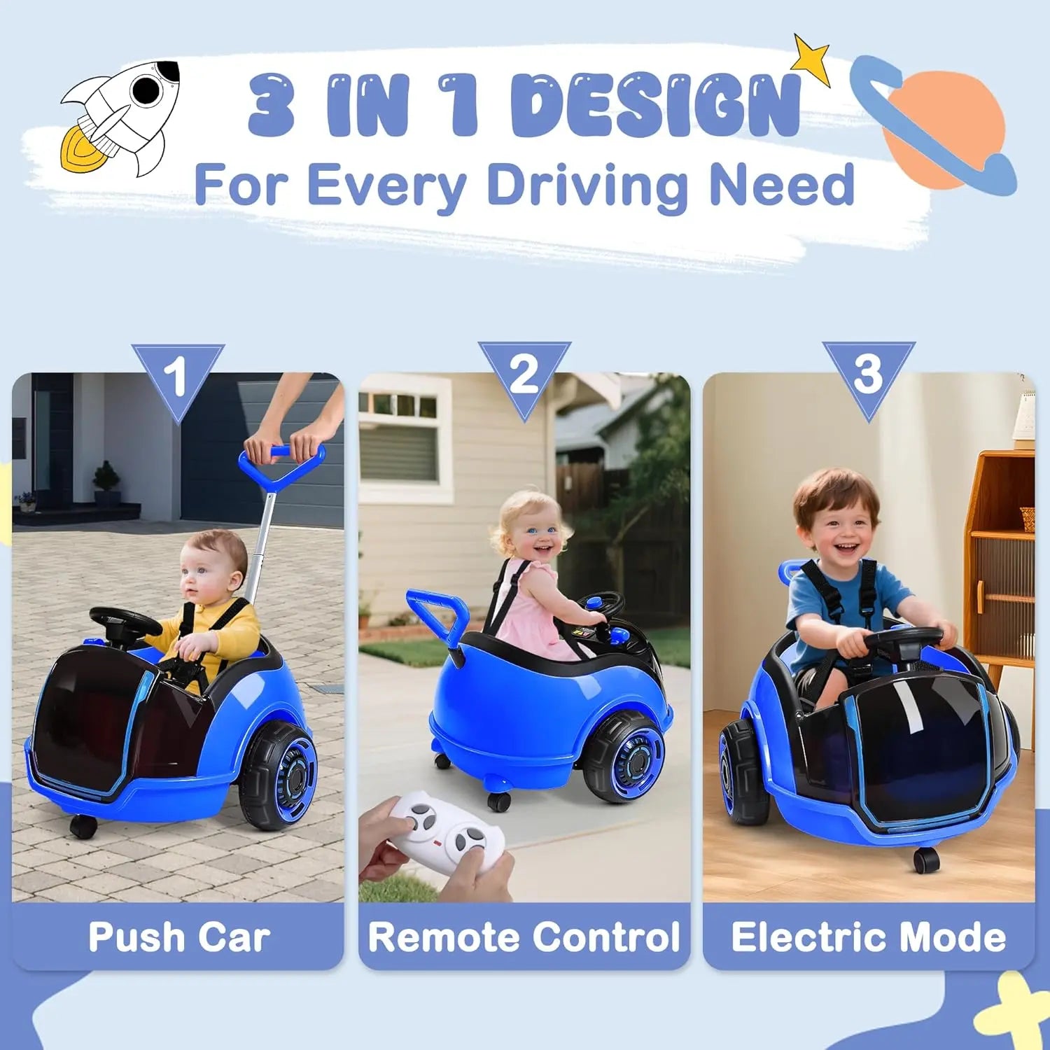 ANPABO 3-In-1 Electric Push Ride on Car, 12V Kids Ride on Toy W/Remote Control, 360° Spin, 5-Point Safety Belt, Colorful LED Light, Music Player, Push Car for Toddler