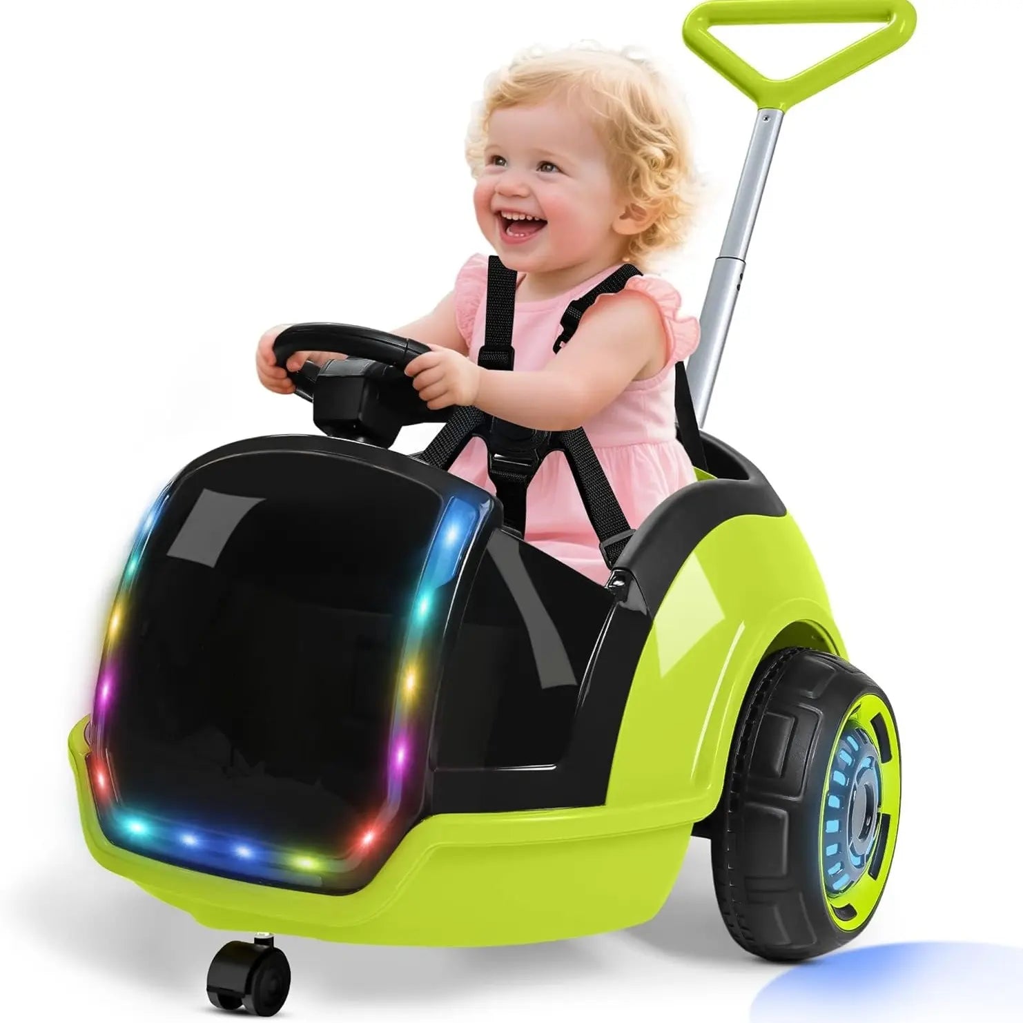 ANPABO 3-In-1 Electric Push Ride on Car, 12V Kids Ride on Toy W/Remote Control, 360° Spin, 5-Point Safety Belt, Colorful LED Light, Music Player, Push Car for Toddler
