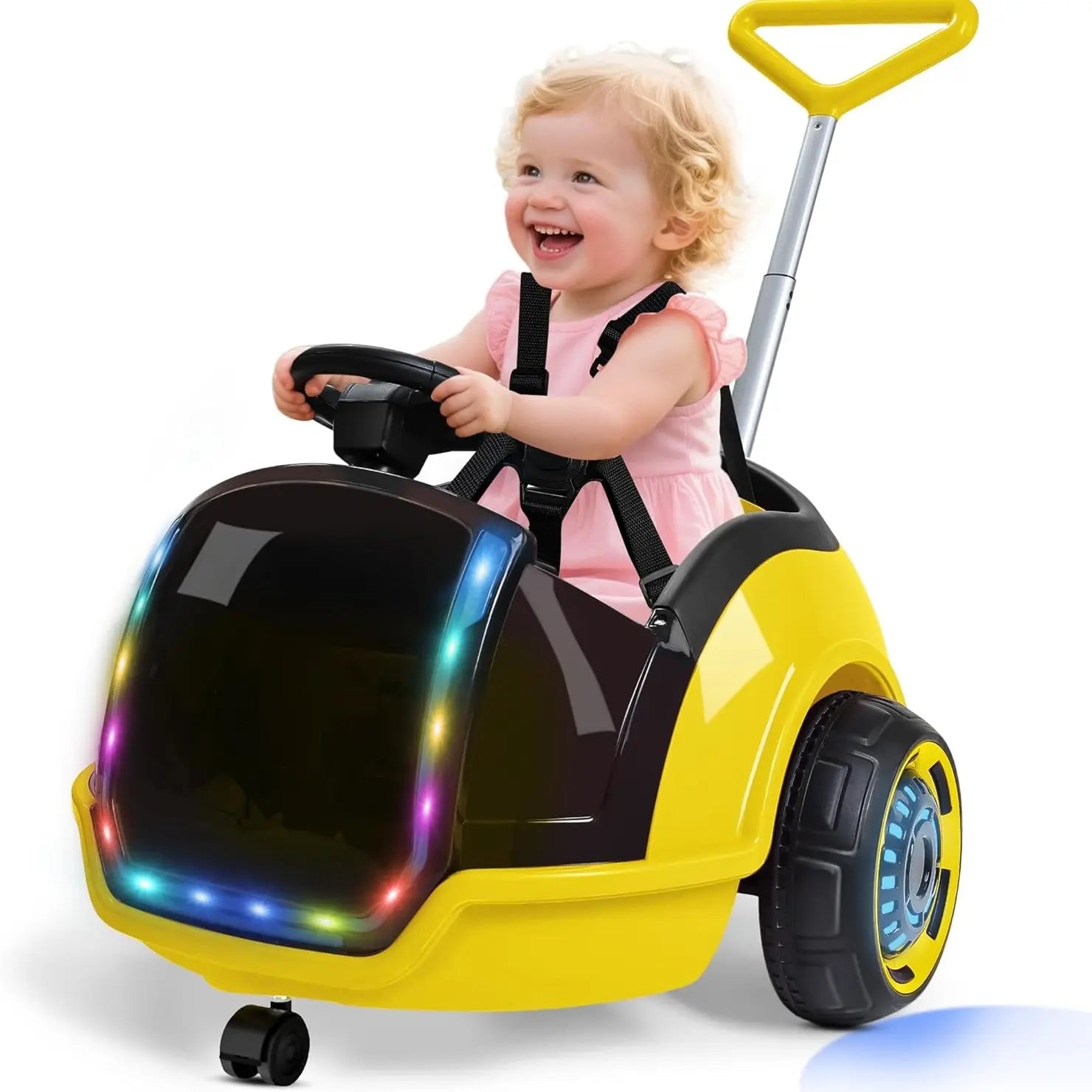 ANPABO 3-In-1 Electric Push Ride on Car, 12V Kids Ride on Toy W/Remote Control, 360° Spin, 5-Point Safety Belt, Colorful LED Light, Music Player, Push Car for Toddler
