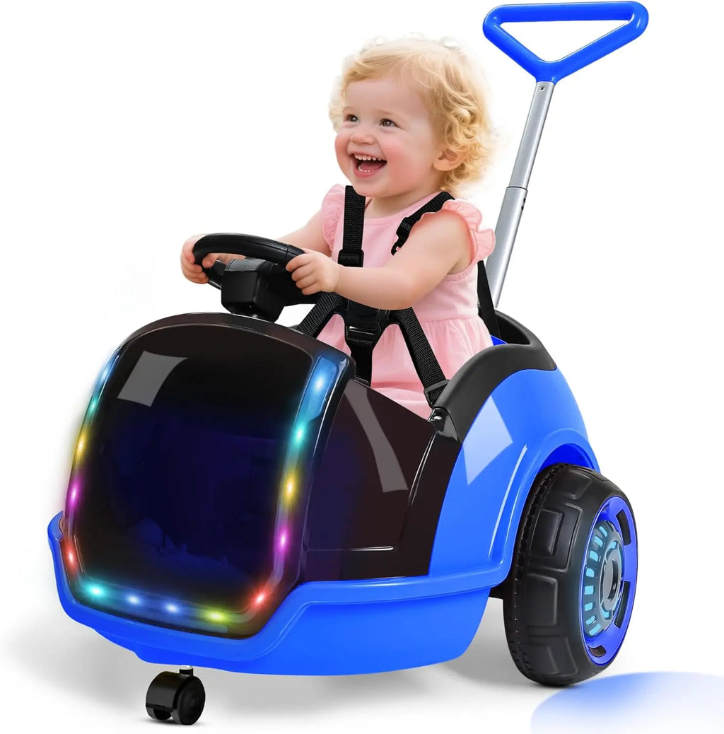 ANPABO 3-In-1 Electric Push Ride on Car, 12V Kids Ride on Toy W/Remote Control, 360° Spin, 5-Point Safety Belt, Colorful LED Light, Music Player, Push Car for Toddler