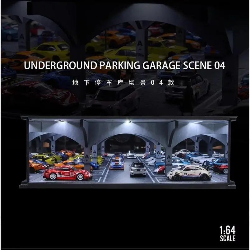 Diorama 1/64 Scale Car Garage Model LED Lighting City Street Underground Parking Lot Workshop Scene Display Model Collection Gift Toy
