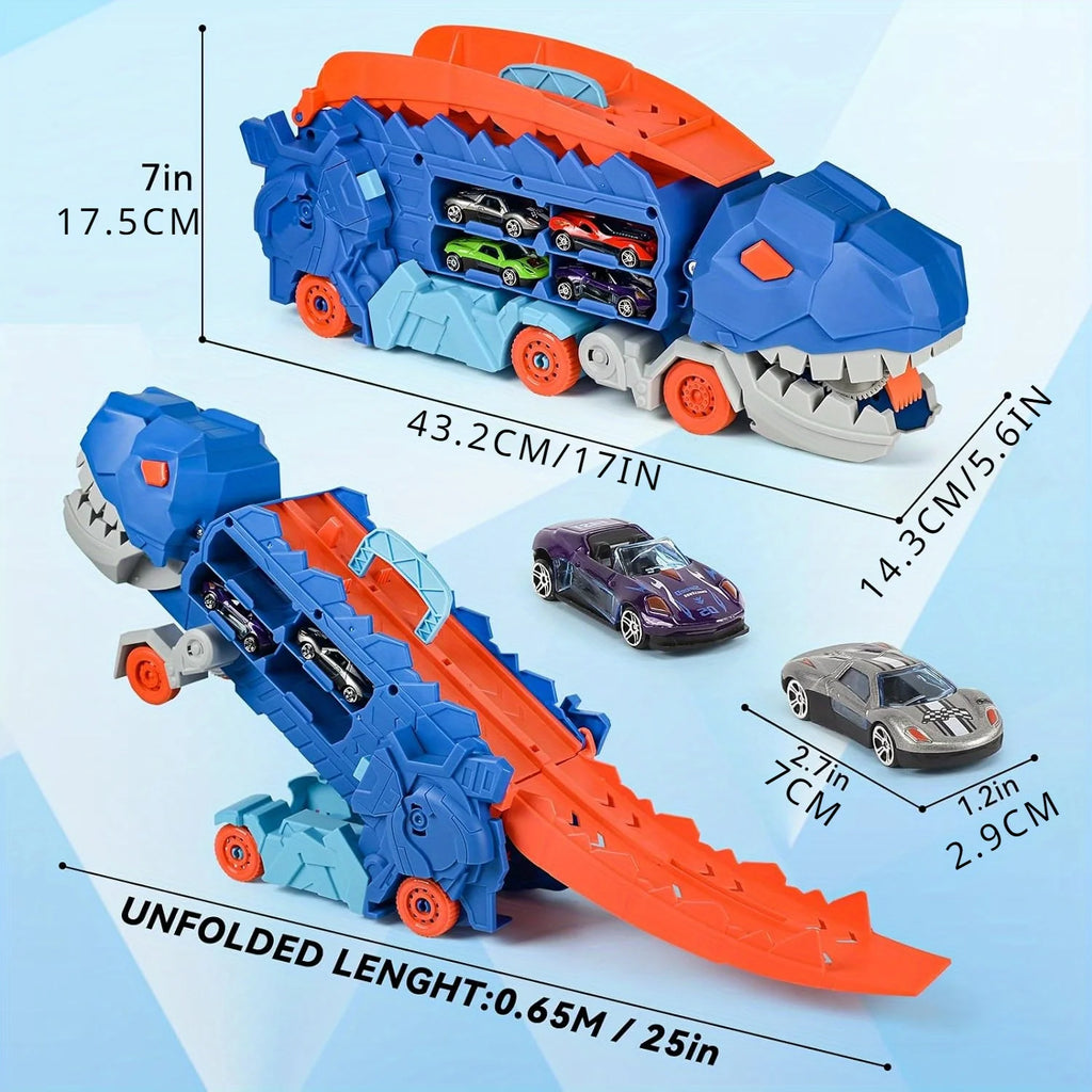 The Transport Dinosaur Truck Folds and Slides 25 Inches onto the Track, Turning Four Alloy Buggies into Standing Tyrannosaurus