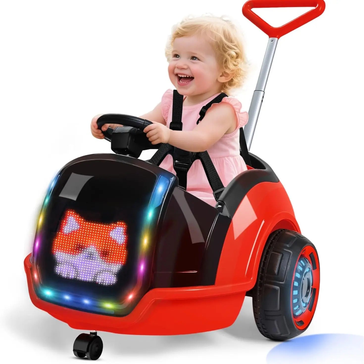 ANPABO 3-In-1 Electric Push Ride on Car, 12V Kids Ride on Toy W/Remote Control, 360° Spin, 5-Point Safety Belt, Colorful LED Light, Music Player, Push Car for Toddler