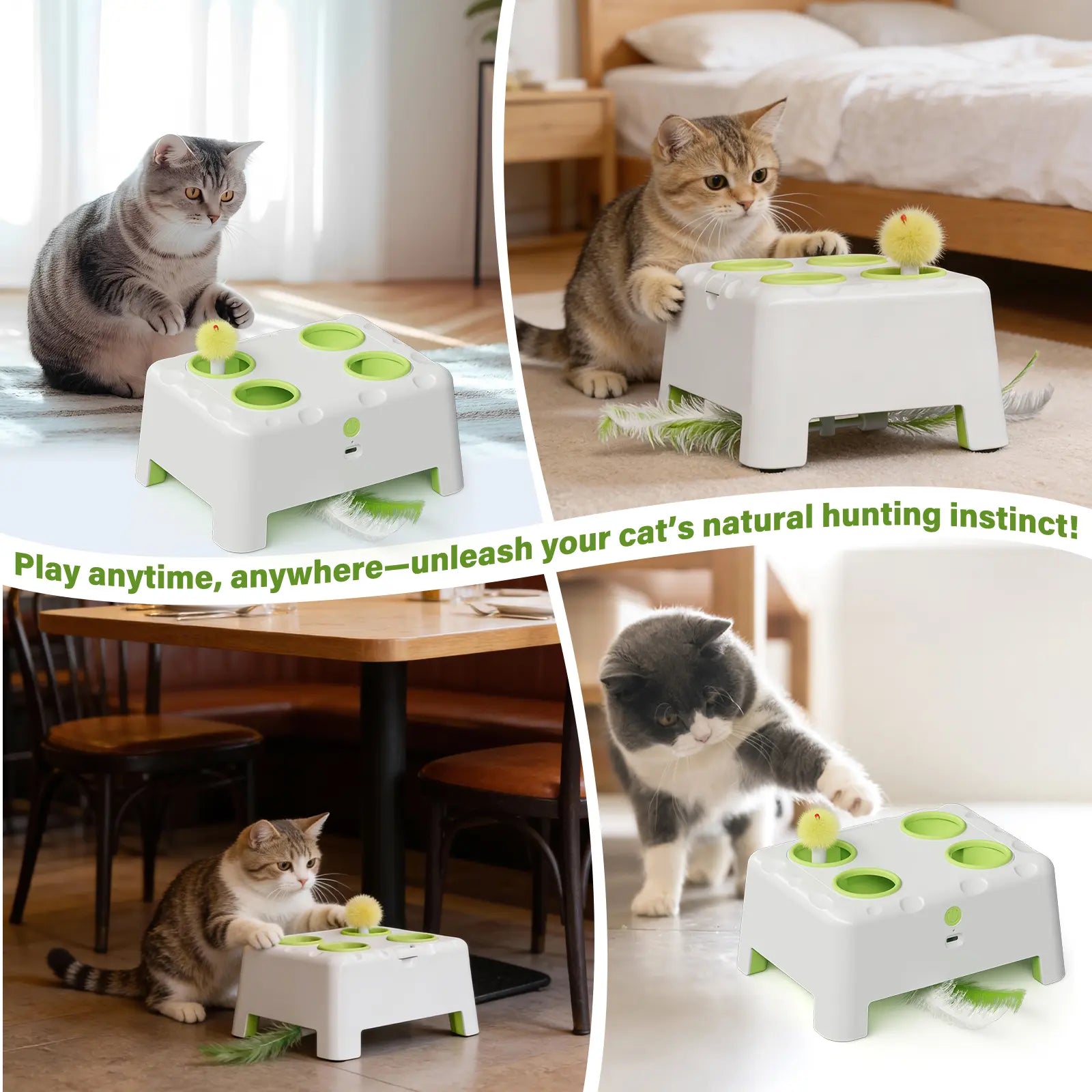 HAPPYCODE Magic House Interactive Cat Toy a 4-Hole Whack-A-Mole Electric Cat Toy Suitable for All Cats Features Three Modes: Feather Wand, Whack-A-Mole, and Rechargeable Pop-Up Hide-And-Seek Pet Supplies,Stimulating Cat Toys