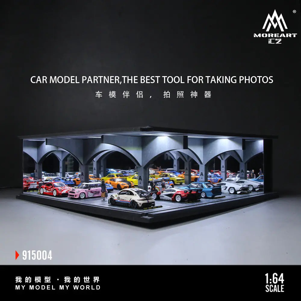 Diorama 1/64 Scale Car Garage Model LED Lighting City Street Underground Parking Lot Workshop Scene Display Model Collection Gift Toy