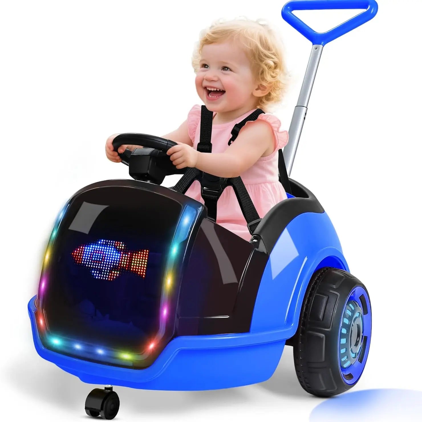 ANPABO 3-In-1 Electric Push Ride on Car, 12V Kids Ride on Toy W/Remote Control, 360° Spin, 5-Point Safety Belt, Colorful LED Light, Music Player, Push Car for Toddler