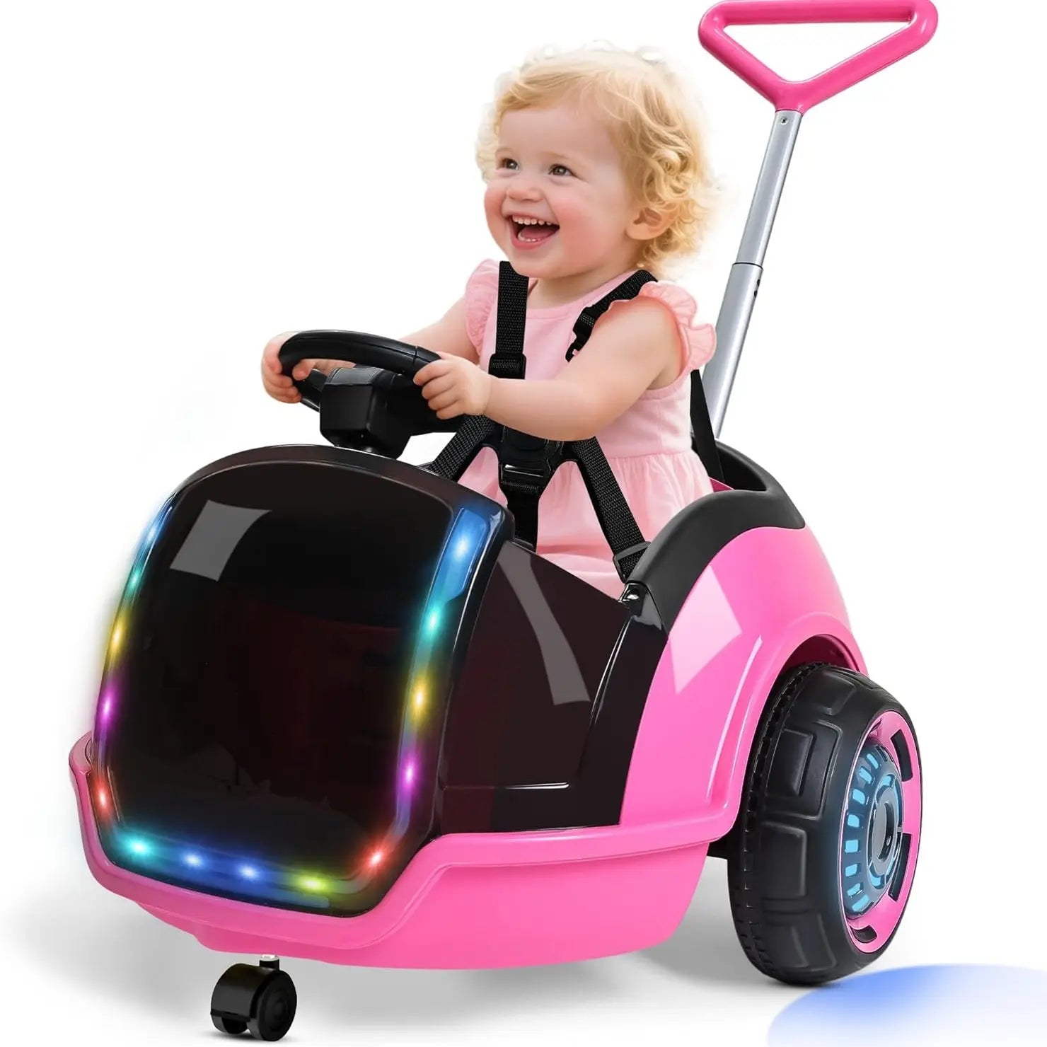 ANPABO 3-In-1 Electric Push Ride on Car, 12V Kids Ride on Toy W/Remote Control, 360° Spin, 5-Point Safety Belt, Colorful LED Light, Music Player, Push Car for Toddler