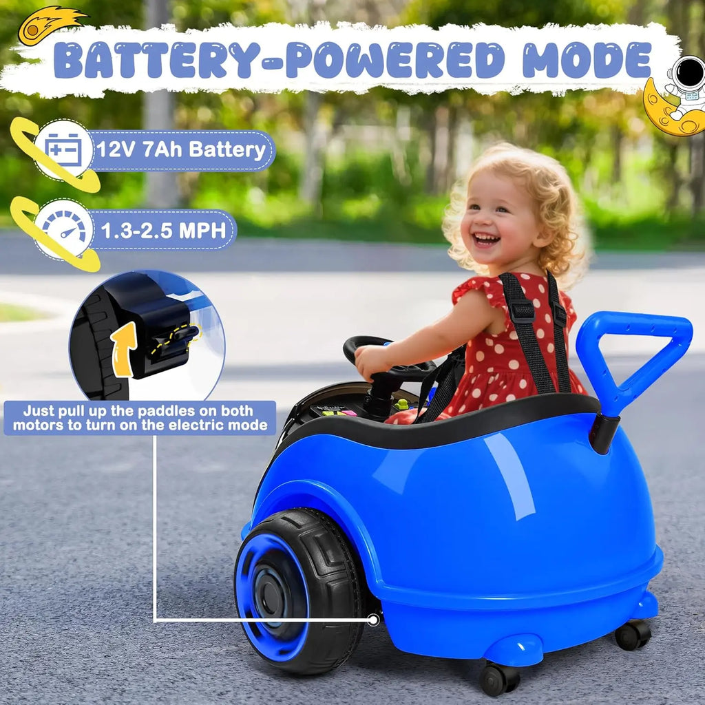 ANPABO 3-In-1 Electric Push Ride on Car, 12V Kids Ride on Toy W/Remote Control, 360° Spin, 5-Point Safety Belt, Colorful LED Light, Music Player, Push Car for Toddler