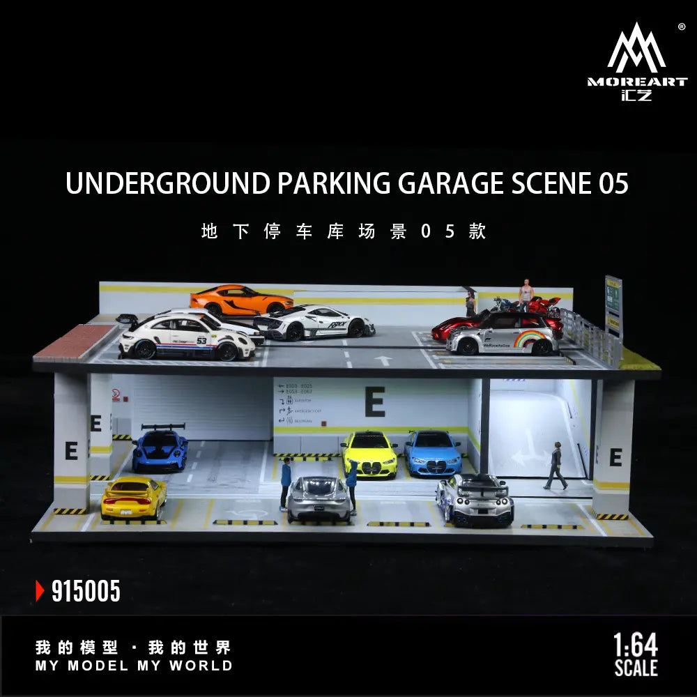Diorama 1/64 Scale Car Garage Model LED Lighting City Street Underground Parking Lot Workshop Scene Display Model Collection Gift Toy