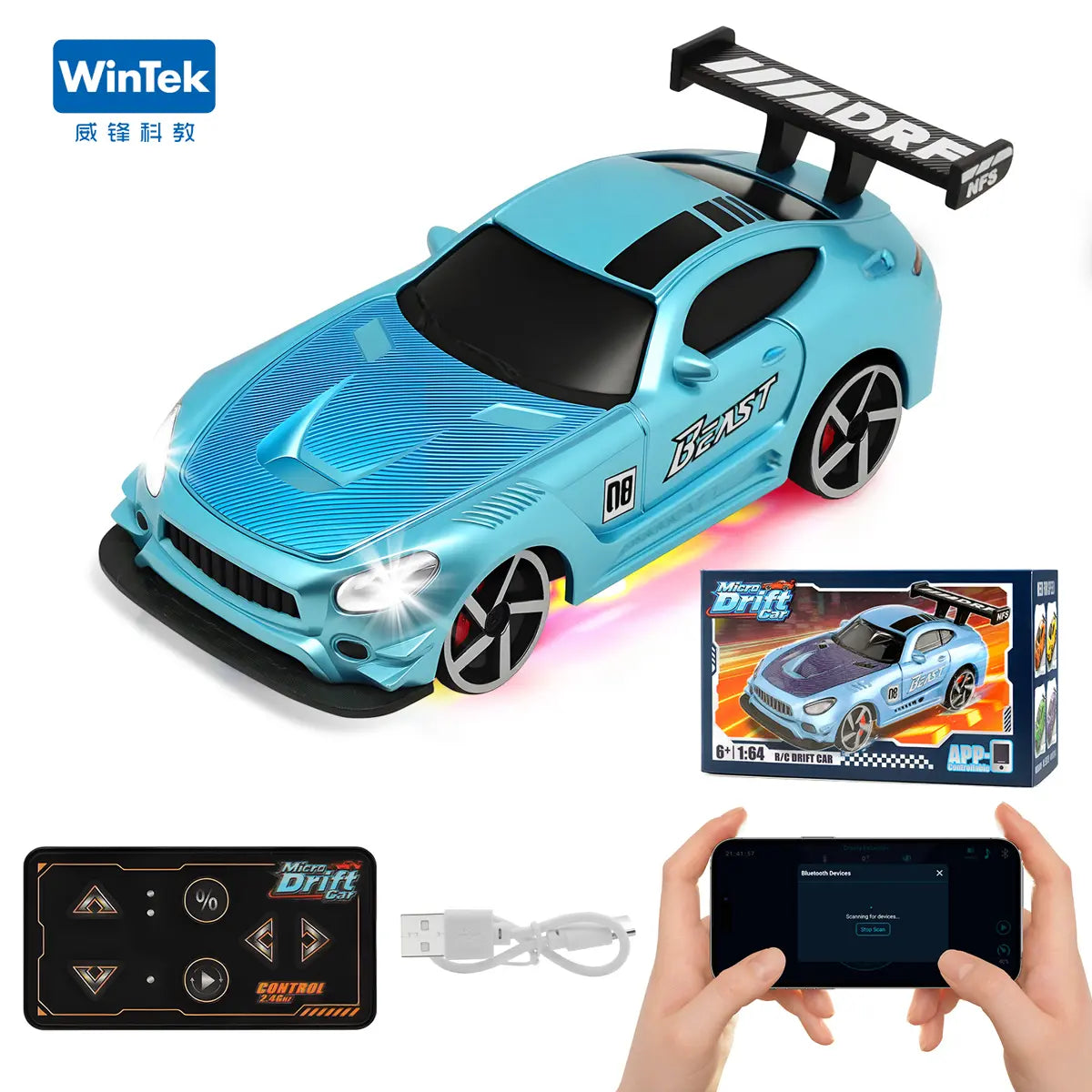2026 Wintek 1:64 Mini Drift RC Car – Adult Desktop Racing Toy, App-Controlled RC with LED Lights & Adjustable Speed, Cool Gift for Boyfriend & Men