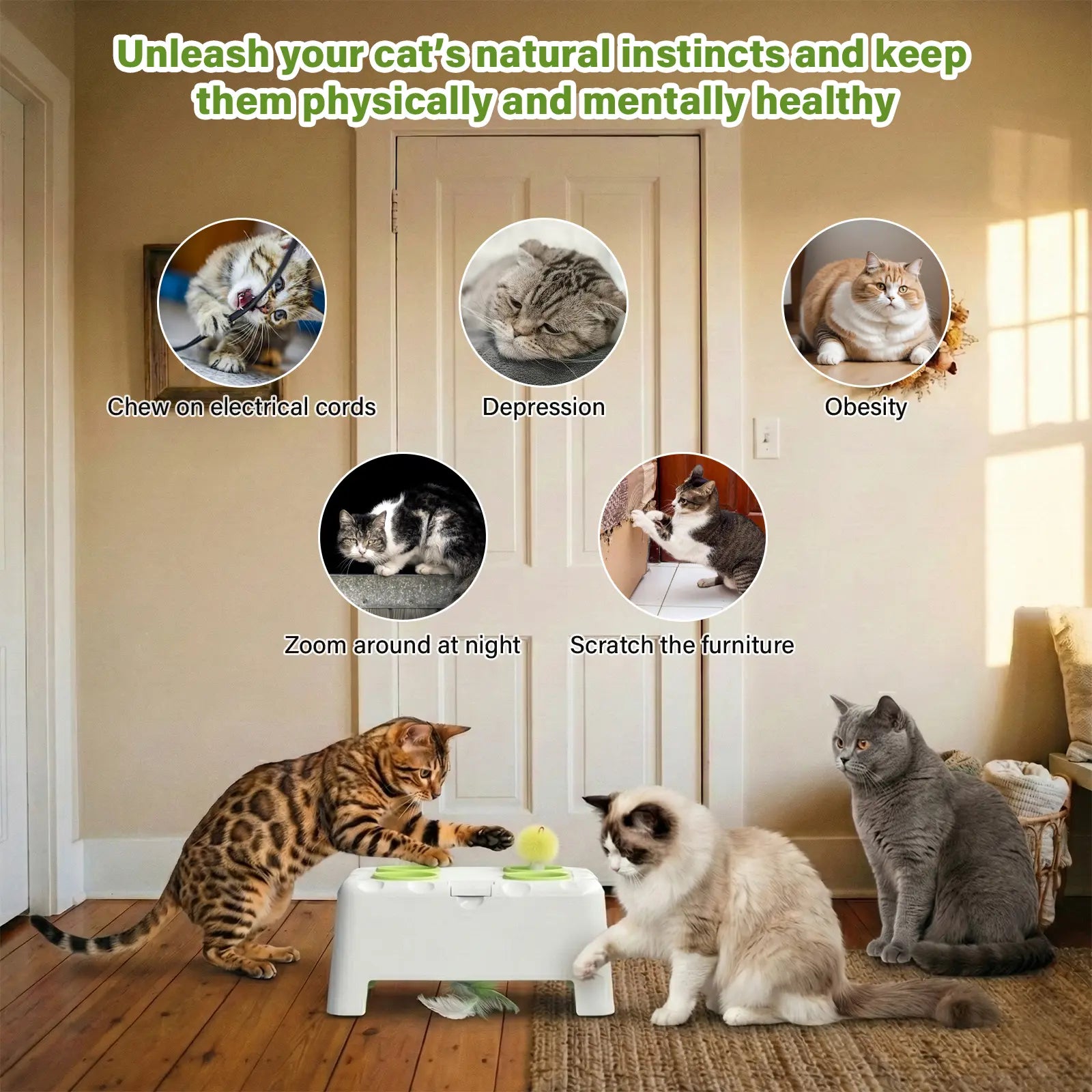 HAPPYCODE Magic House Interactive Cat Toy a 4-Hole Whack-A-Mole Electric Cat Toy Suitable for All Cats Features Three Modes: Feather Wand, Whack-A-Mole, and Rechargeable Pop-Up Hide-And-Seek Pet Supplies,Stimulating Cat Toys