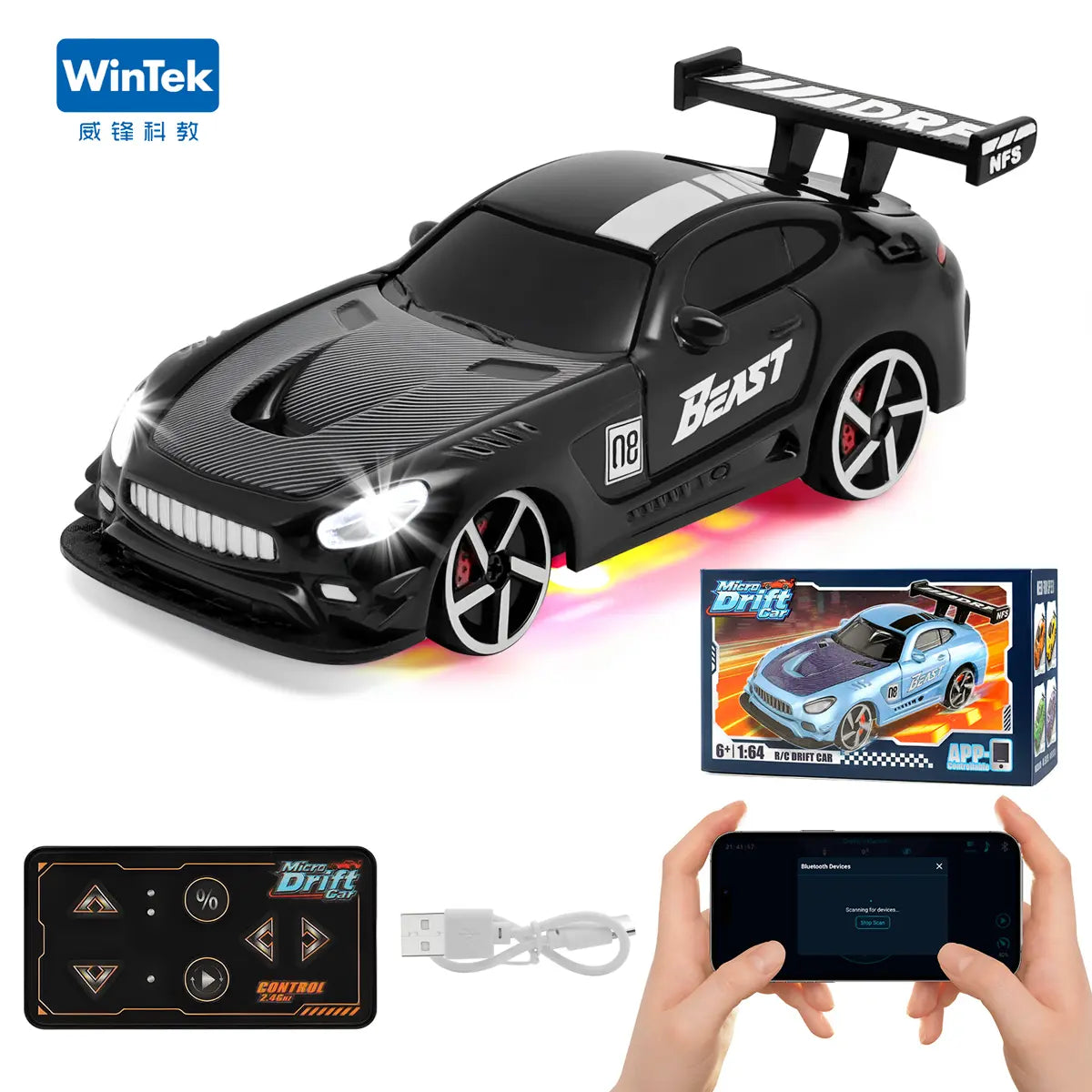2026 Wintek 1:64 Mini Drift RC Car – Adult Desktop Racing Toy, App-Controlled RC with LED Lights & Adjustable Speed, Cool Gift for Boyfriend & Men