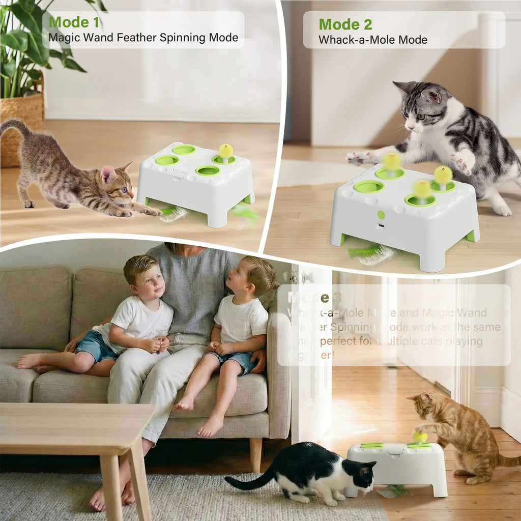 HAPPYCODE Magic House Interactive Cat Toy a 4-Hole Whack-A-Mole Electric Cat Toy Suitable for All Cats Features Three Modes: Feather Wand, Whack-A-Mole, and Rechargeable Pop-Up Hide-And-Seek Pet Supplies,Stimulating Cat Toys