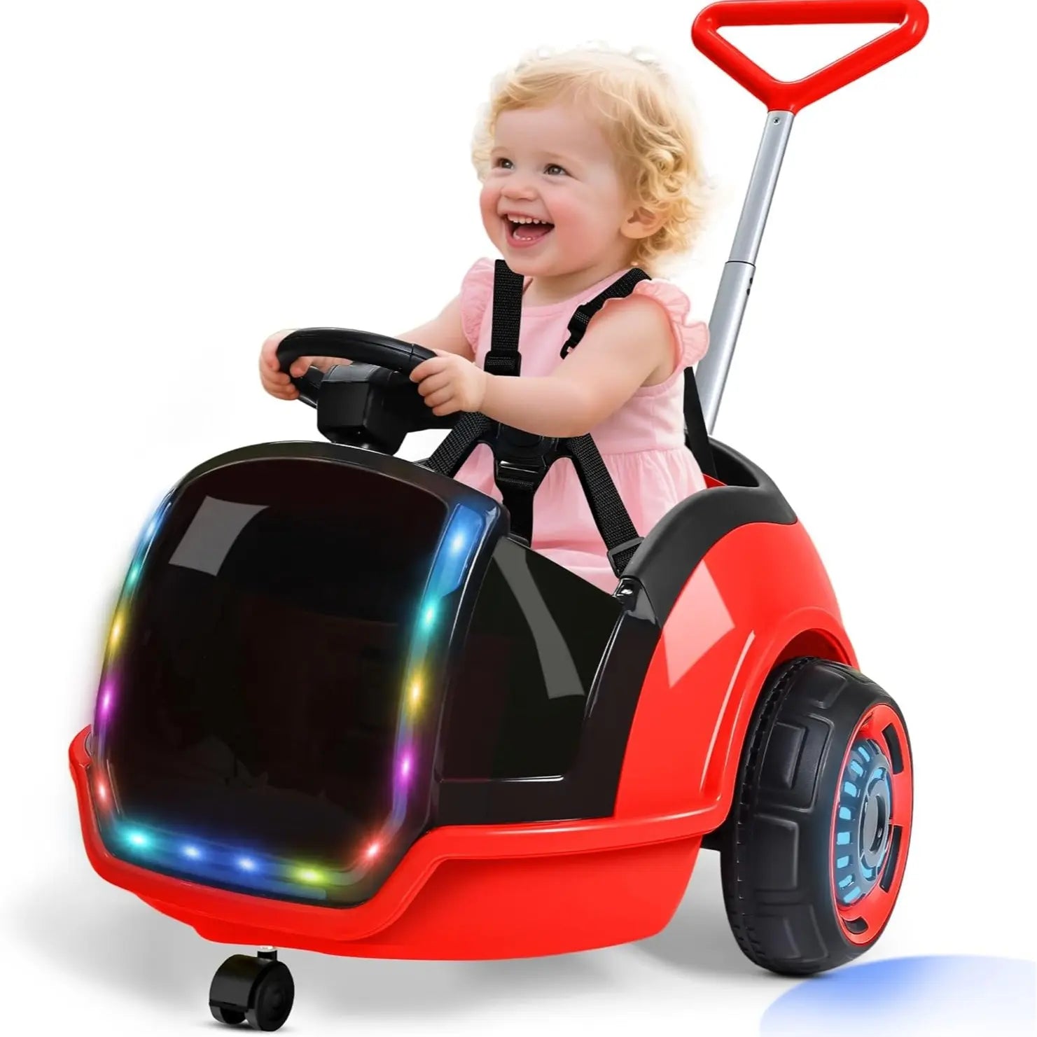 ANPABO 3-In-1 Electric Push Ride on Car, 12V Kids Ride on Toy W/Remote Control, 360° Spin, 5-Point Safety Belt, Colorful LED Light, Music Player, Push Car for Toddler